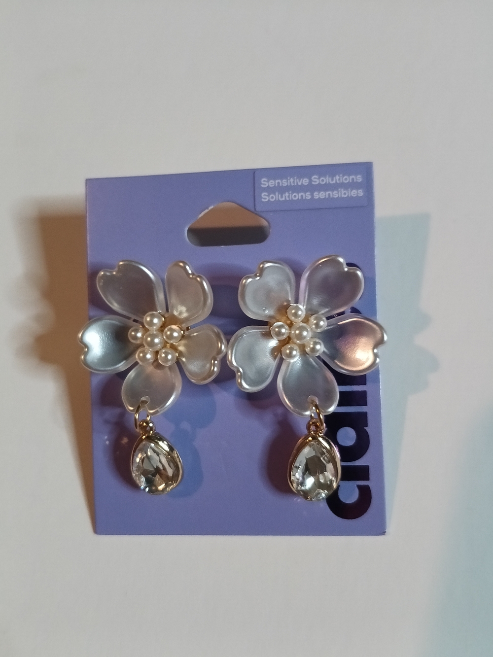 Claire's Pearl Flower Drop Earrings with Clear Crystal Teardrops - White